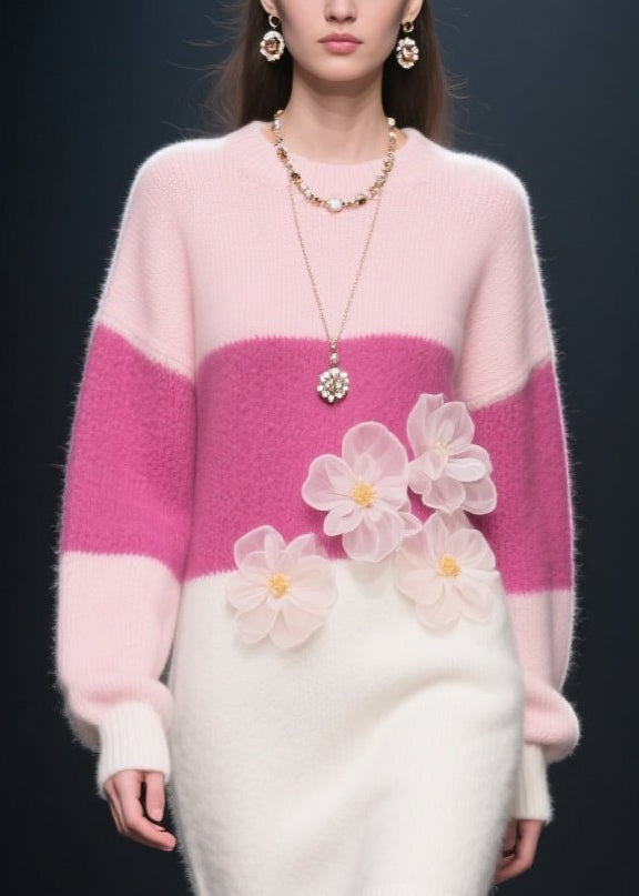 Loose Colorblock O Neck Floral Knit Long Dress Winter