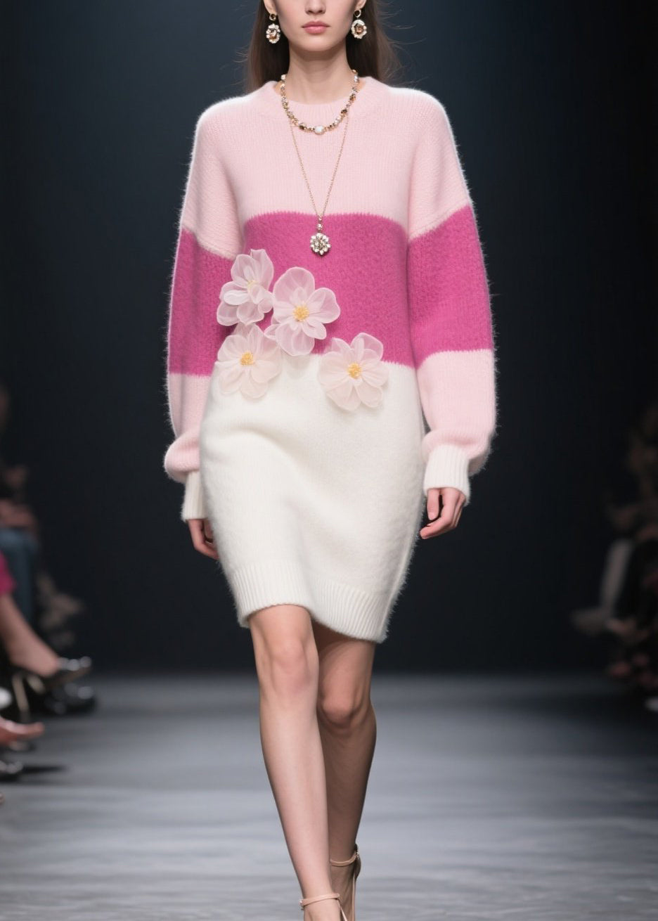 Loose Colorblock O Neck Floral Knit Long Dress Winter