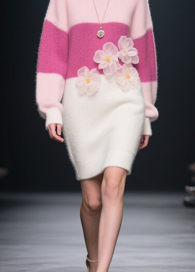 Loose Colorblock O Neck Floral Knit Long Dress Winter