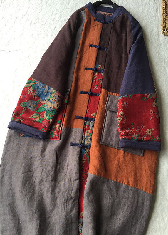 Loose Colorblock O-Neck Pockets Print Maxi Parka Winter