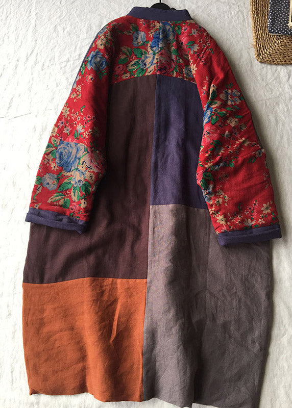 Loose Colorblock O-Neck Pockets Print Maxi Parka Winter
