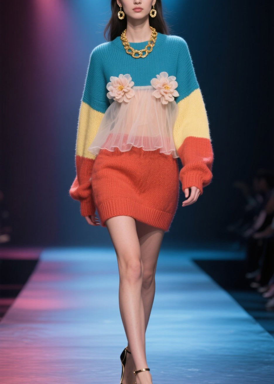 Loose Colorblock O Neck Tulle Floral Knit Sweater Dress Winter