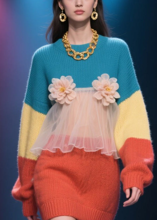 Loose Colorblock O Neck Tulle Floral Knit Sweater Dress Winter