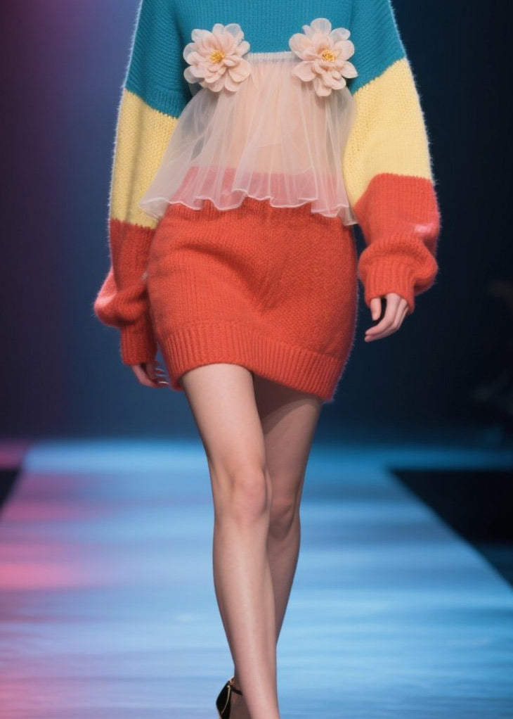 Loose Colorblock O Neck Tulle Floral Knit Sweater Dress Winter