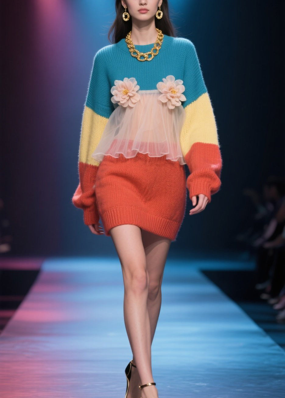 Loose Colorblock O Neck Tulle Floral Knit Sweater Dress Winter