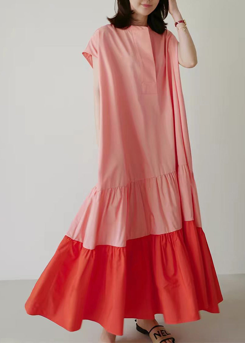 Loose Colorblock Patchwork Ruffled Cotton Long Dresses Summer