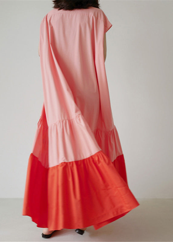 Loose Colorblock Patchwork Ruffled Cotton Long Dresses Summer