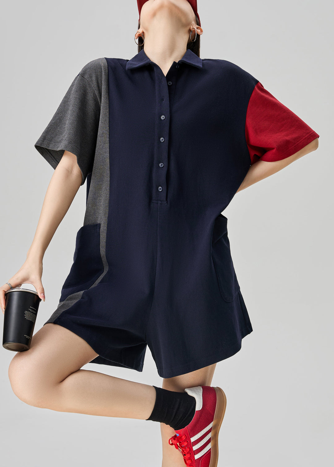 Loose Colorblock Peter Pan Collar Pockets Cotton Jumpsuits Summer