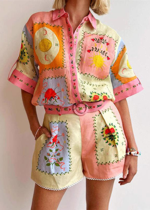 Loose Colorblock Print Blouses And Shorts Linen Two Pieces Set Summer