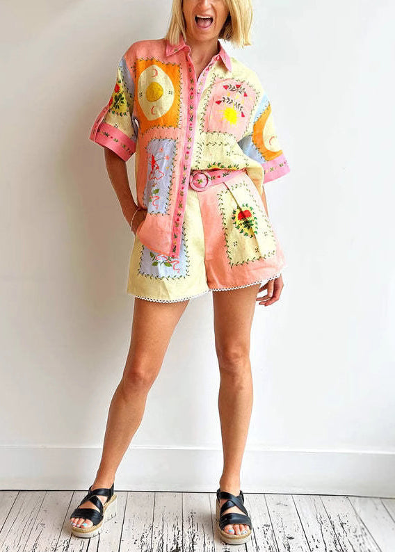 Loose Colorblock Print Blouses And Shorts Linen Two Pieces Set Summer