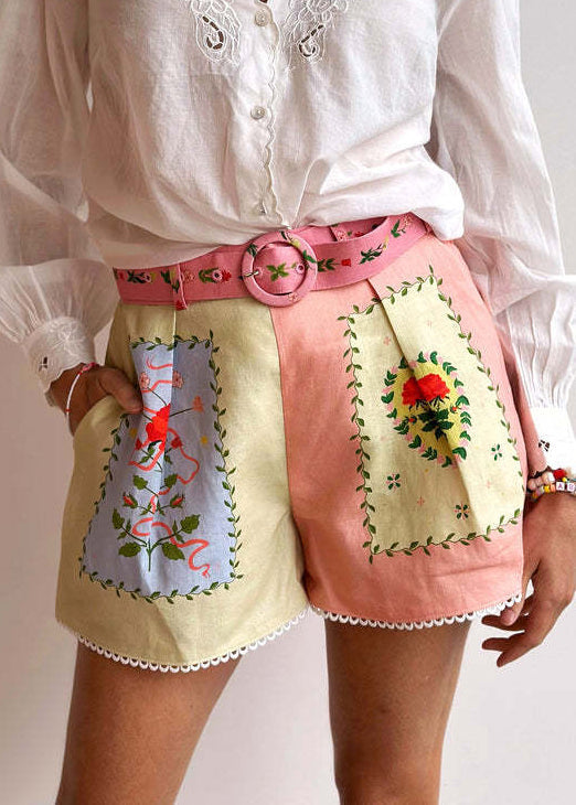 Loose Colorblock Print Blouses And Shorts Linen Two Pieces Set Summer