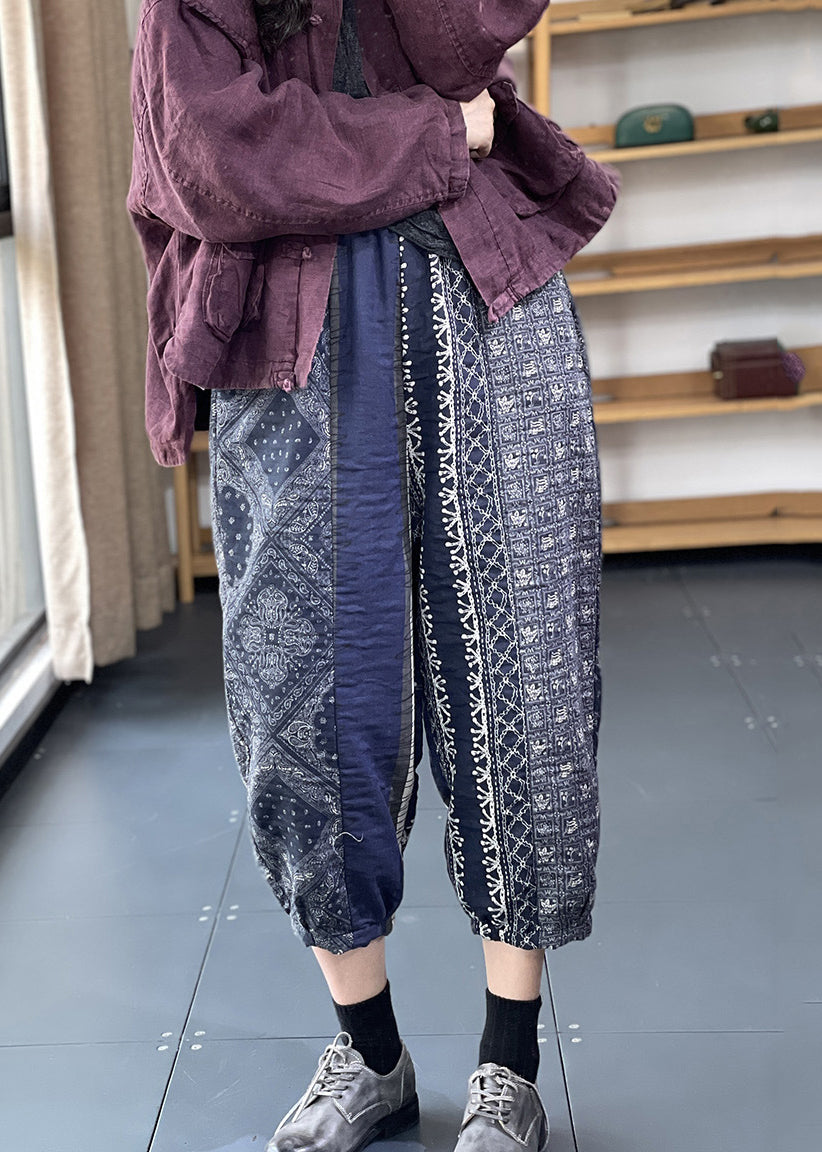 Loose Colorblock Print Pockets Patchwork Cotton Crop Pants Summer