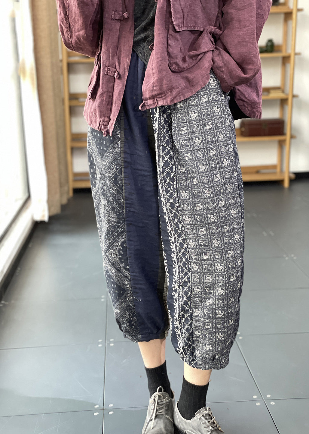 Loose Colorblock Print Pockets Patchwork Cotton Crop Pants Summer