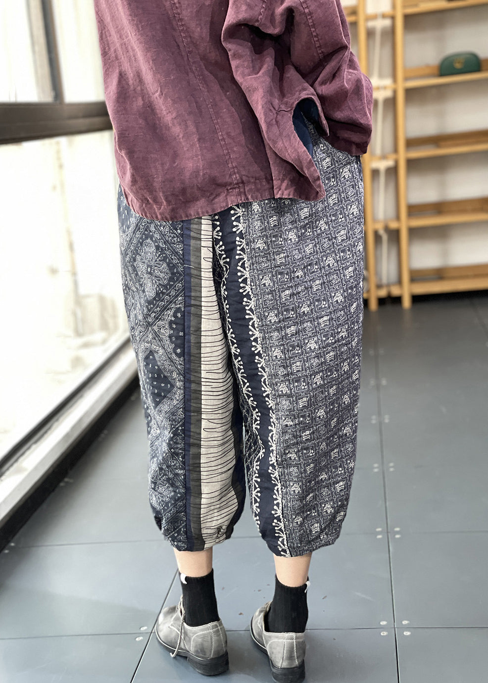 Loose Colorblock Print Pockets Patchwork Cotton Crop Pants Summer