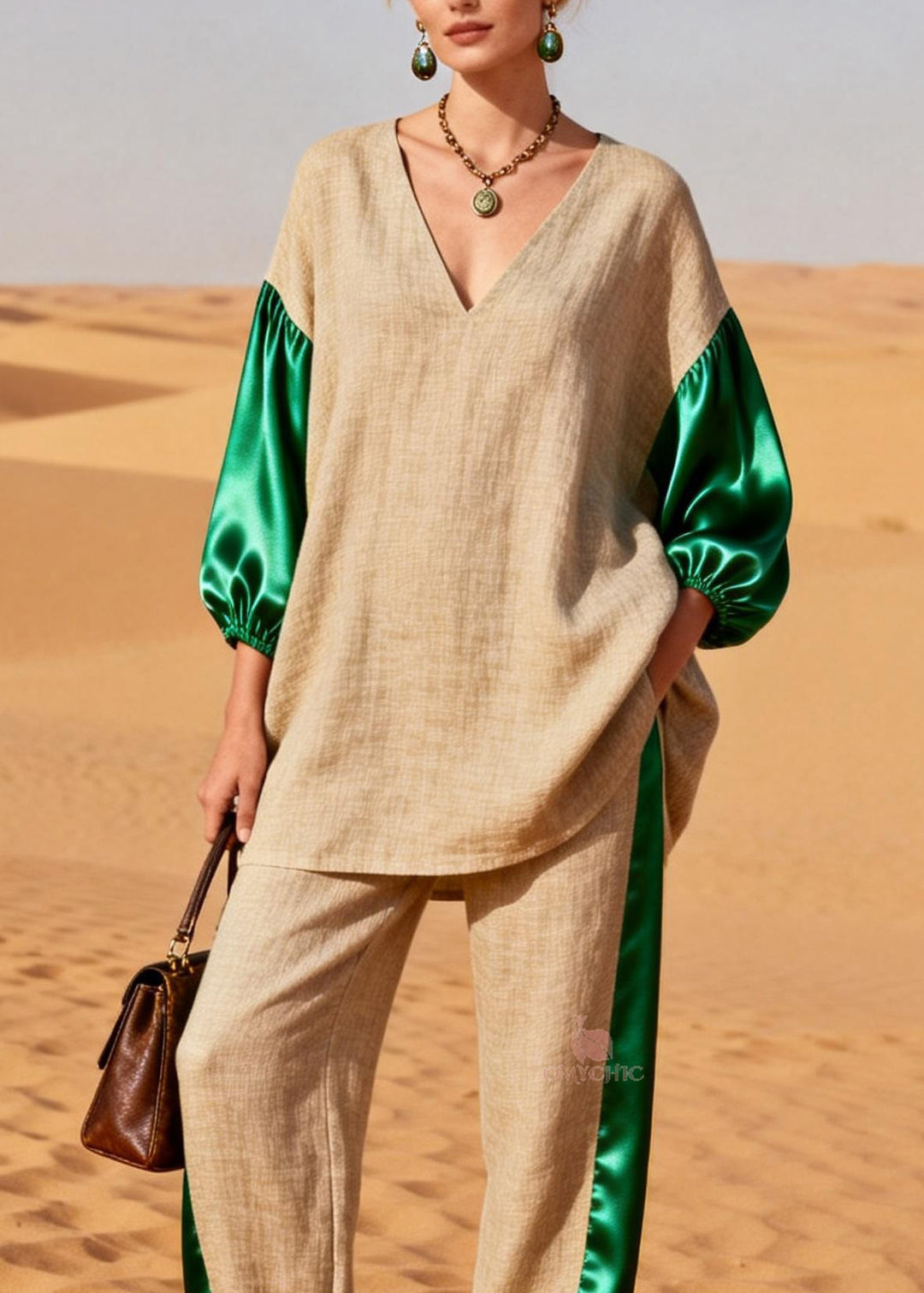 Loose Colorblock Silk Patchwork Linen Two Pieces Set Spring