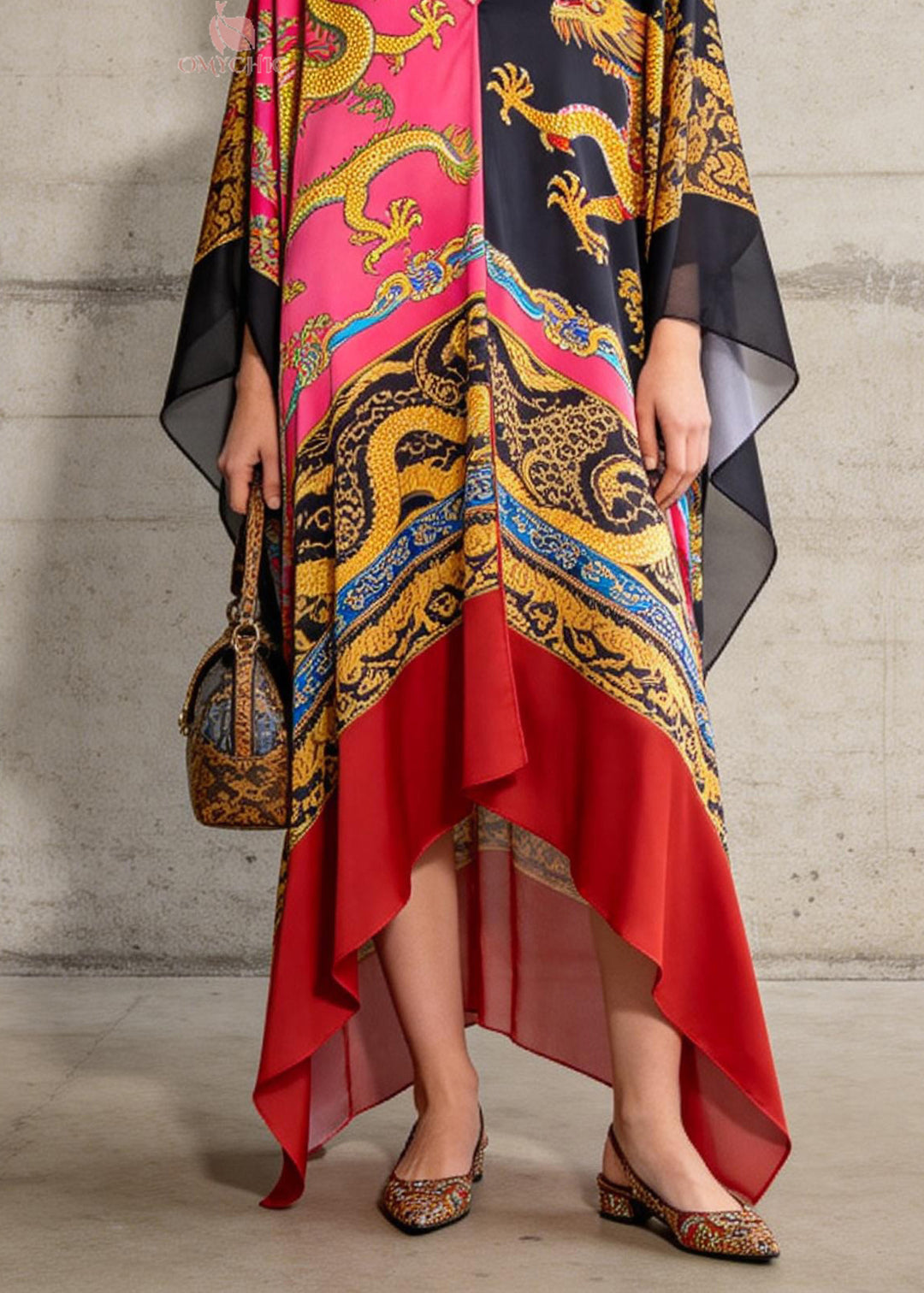 Loose Colorblock V Neck Asymmetrical Design Print Chiffon Dresses Summer