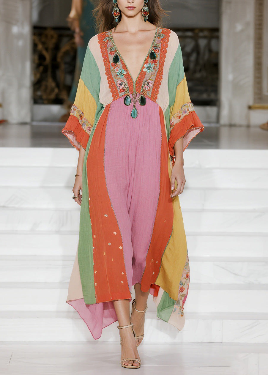 Loose Colorblock V Neck Floral Cotton Dress Summer