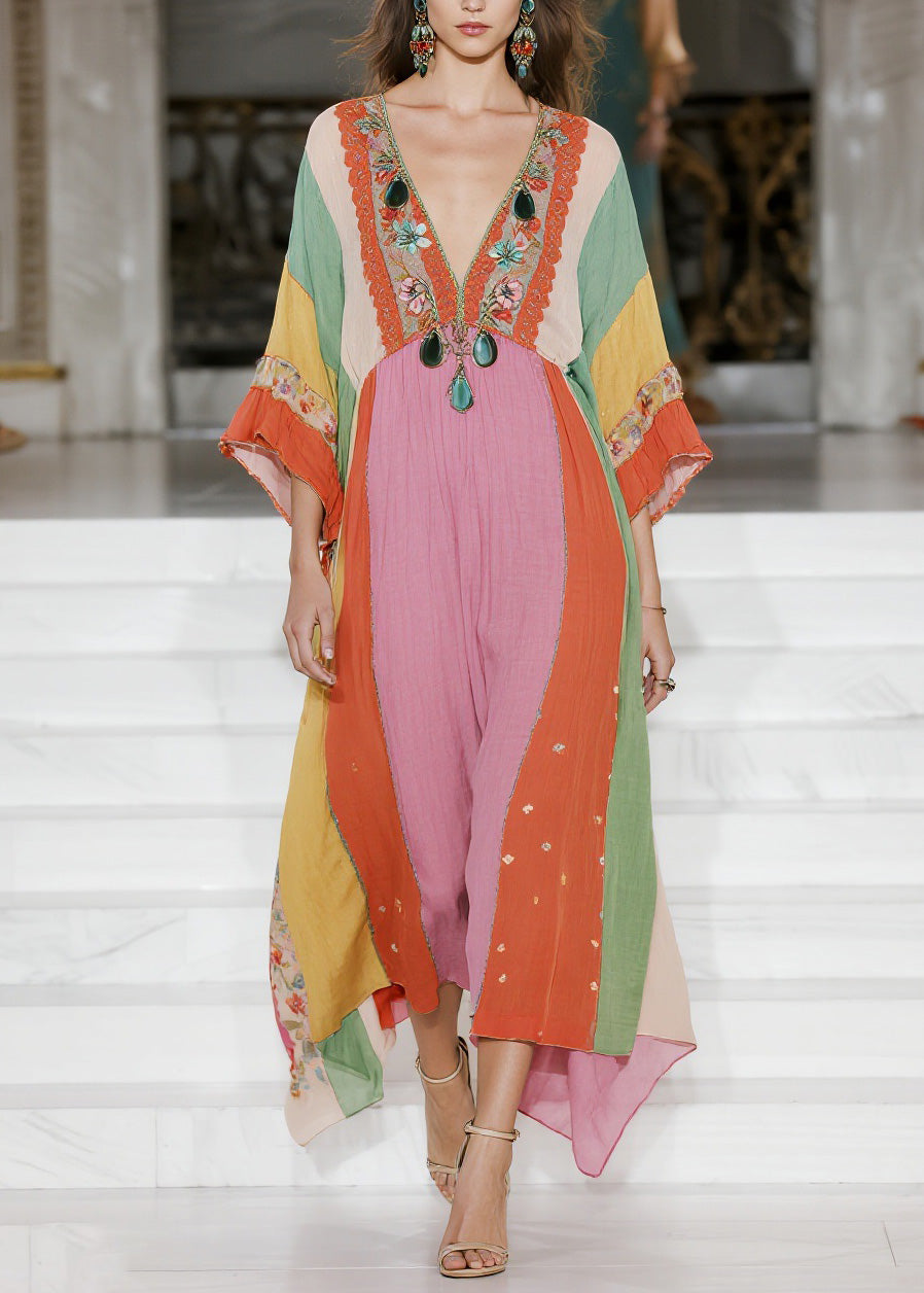 Loose Colorblock V Neck Floral Cotton Dress Summer