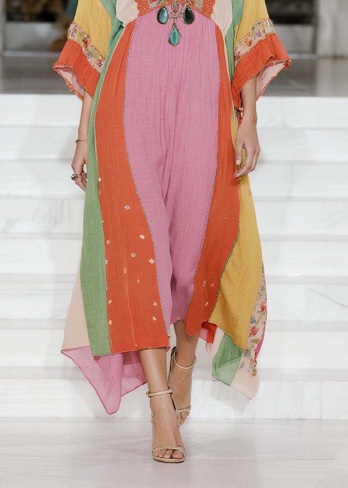 Loose Colorblock V Neck Floral Cotton Dress Summer