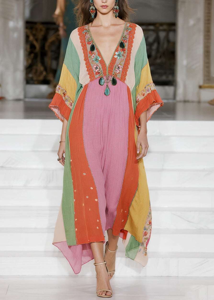 Loose Colorblock V Neck Floral Cotton Dress Summer