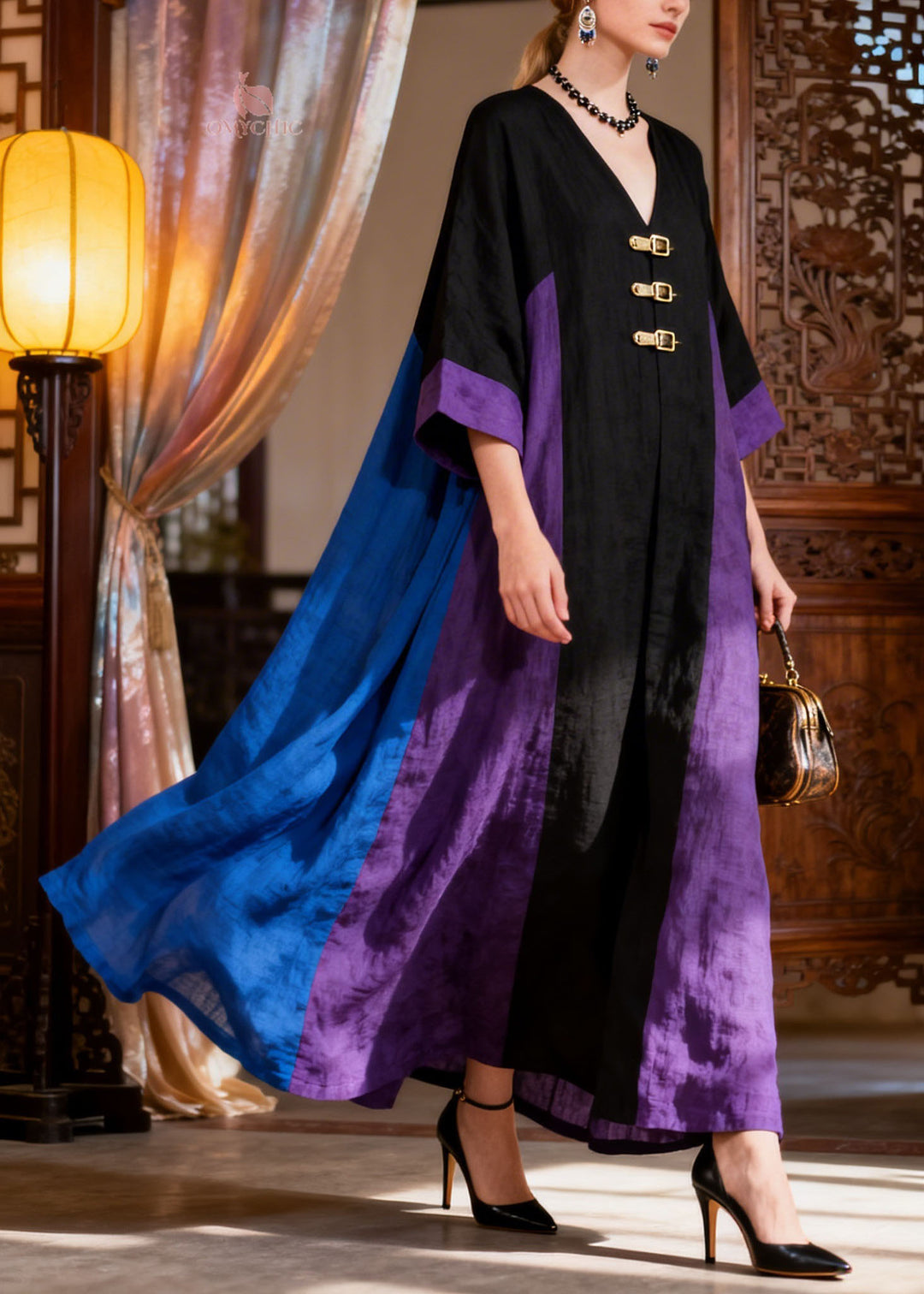Loose Colorblock V Neck Patchwork Cotton Dress Summer