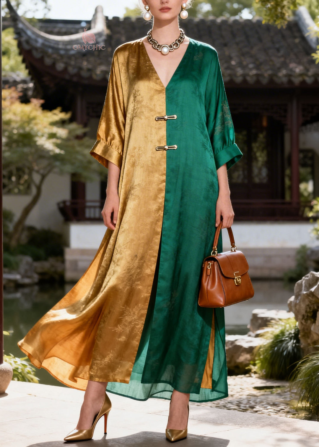 Loose Colorblock V Neck Patchwork Silk Long Dress Summer