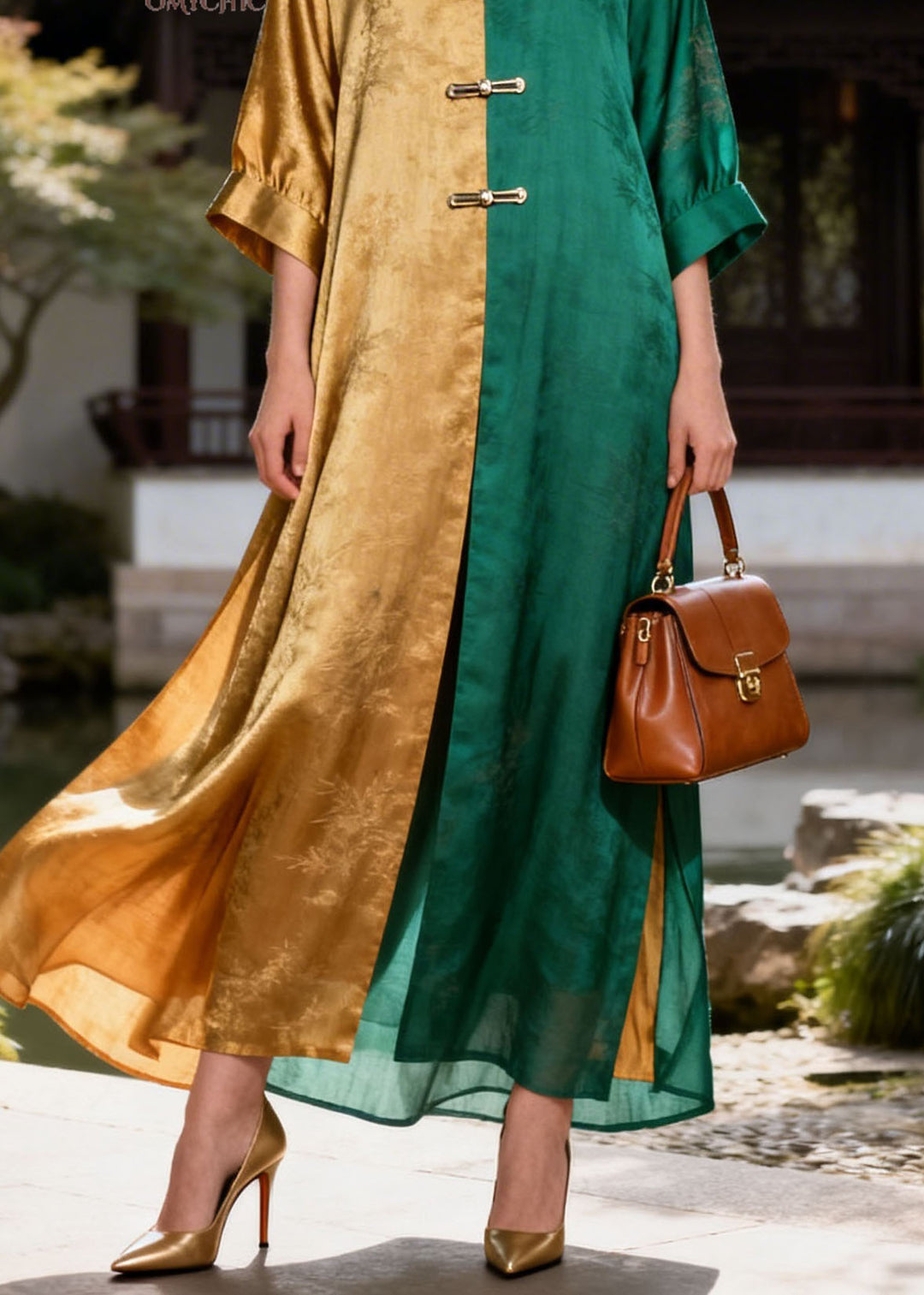 Loose Colorblock V Neck Patchwork Silk Long Dress Summer
