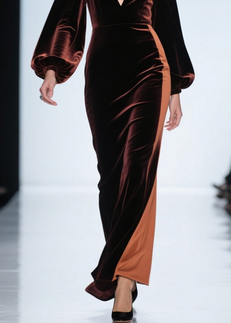 Loose Colorblock V Neck Patchwork Velvet Dress Fall