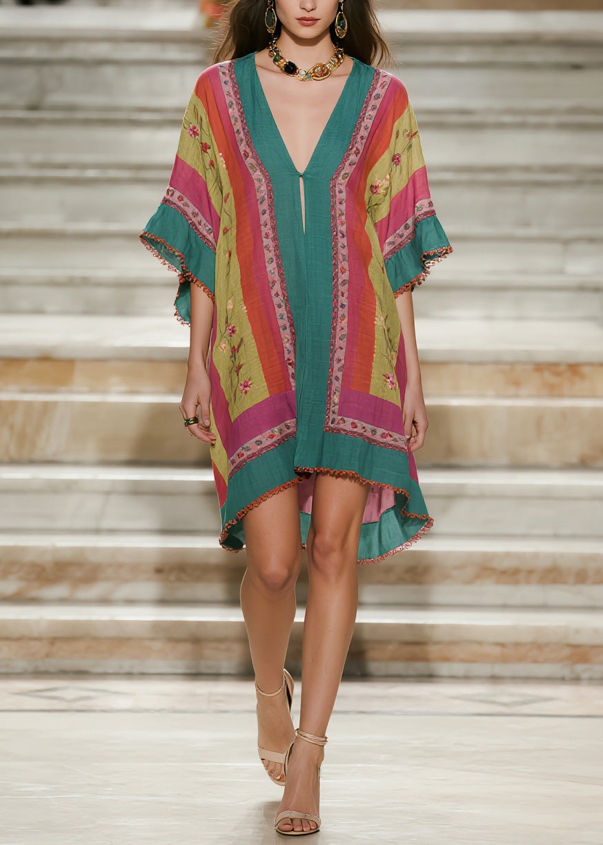 Loose Colorblock V Neck Print Cotton Mid Dress Summer