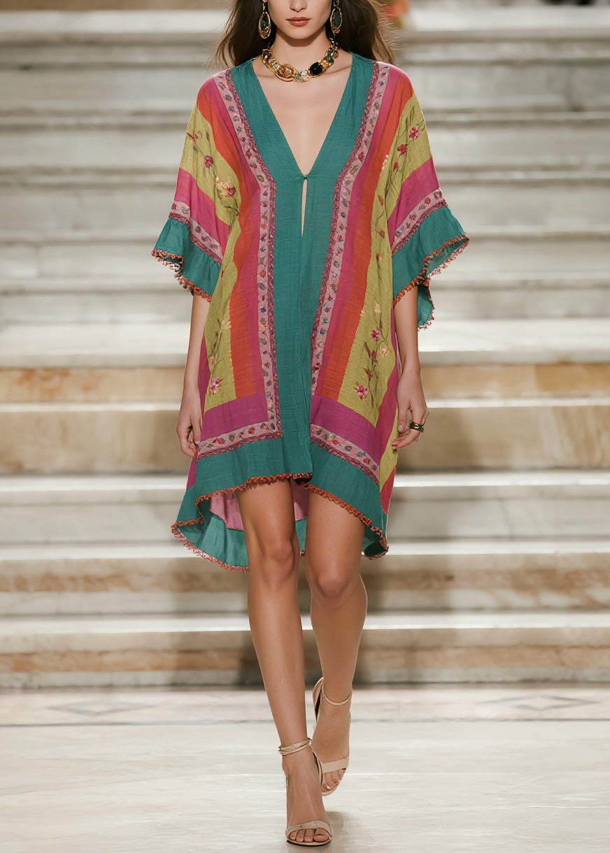 Loose Colorblock V Neck Print Cotton Mid Dress Summer