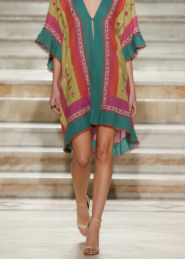 Loose Colorblock V Neck Print Cotton Mid Dress Summer