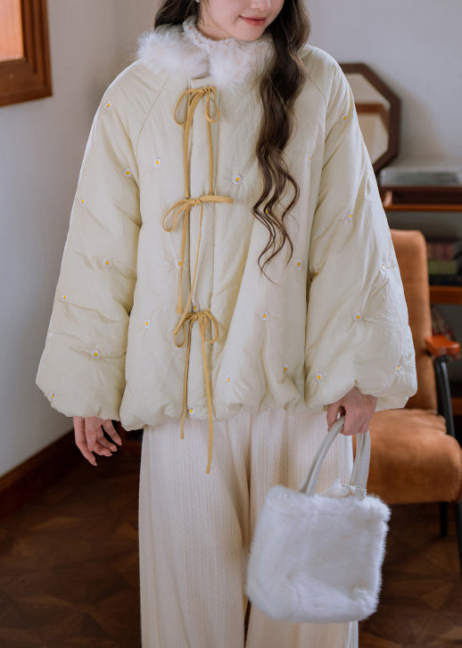 Loose Cream Yellow Fur Collar Embroidered Lace Up Cotton Filled Parkaer Winter