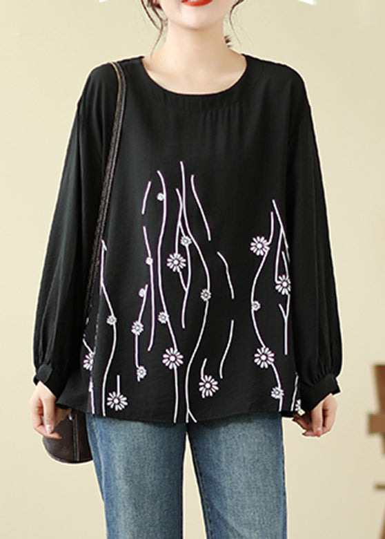 Loose Cyan O-Neck Print Tops Long Sleeve