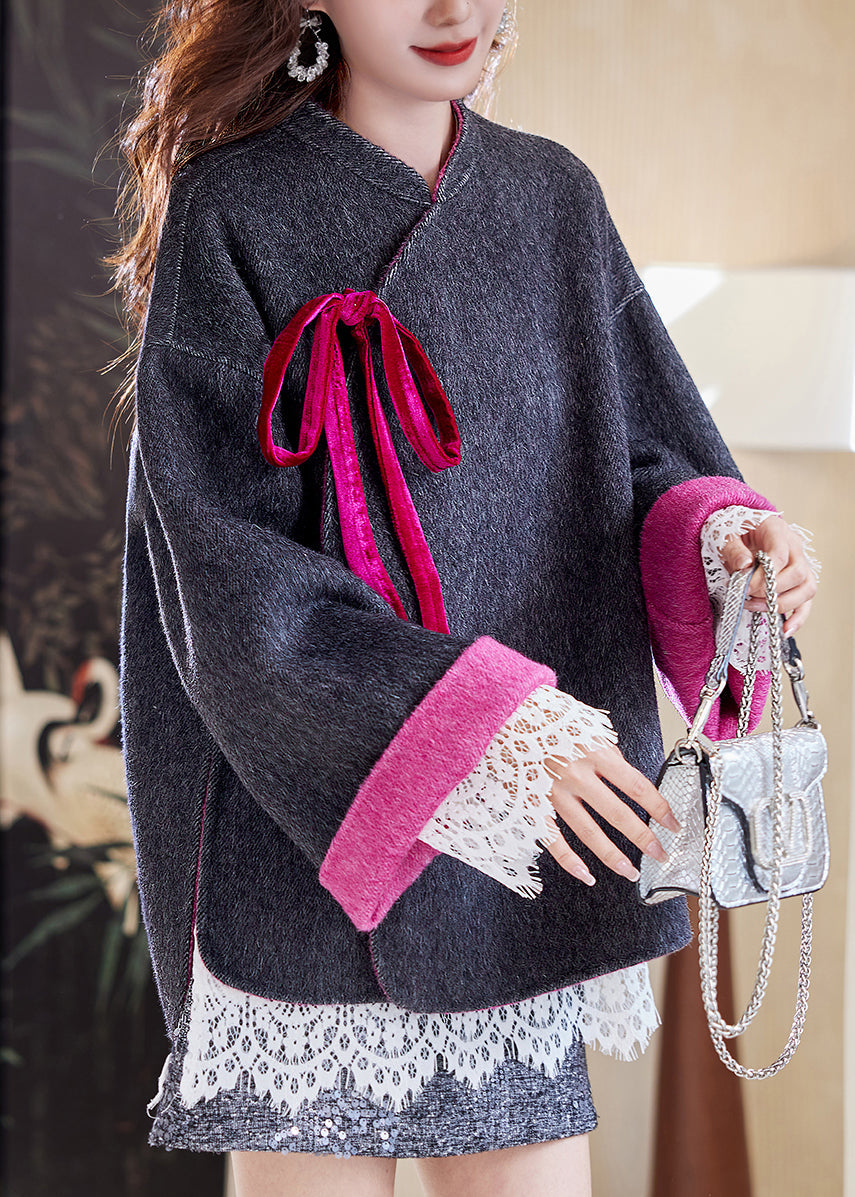 Loose Dark Gray Lace Up Button Side Open Woolen Coats Spring