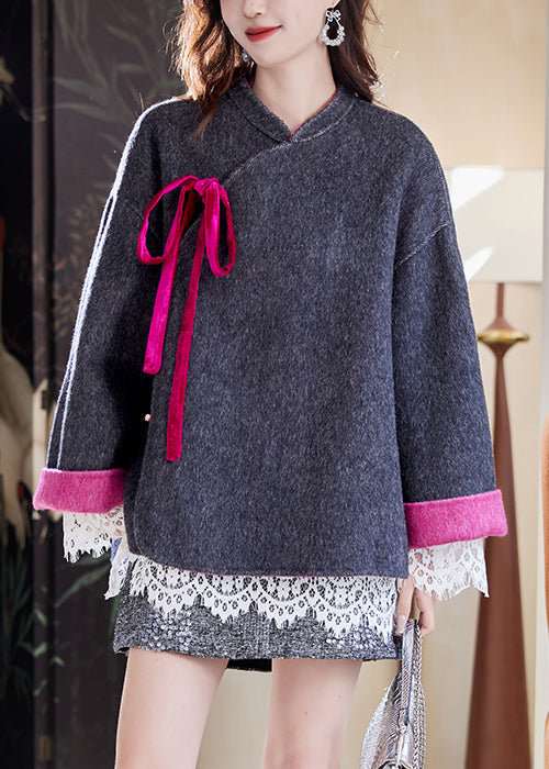 Loose Dark Gray Lace Up Button Side Open Woolen Coats Spring