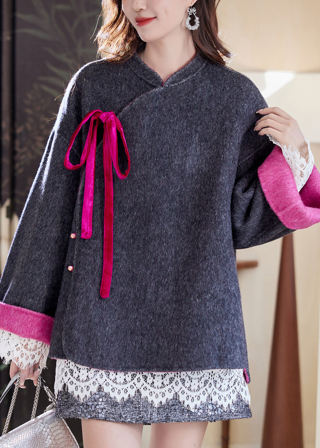 Loose Dark Gray Lace Up Button Side Open Woolen Coats Spring