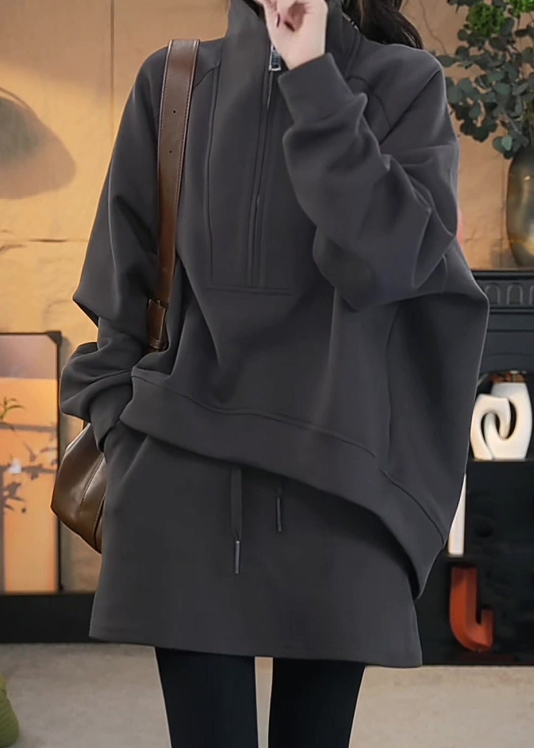 Loose Dark Gray Zippered Sweatshirt And Skirts Cotton Two Pieces Set Fall