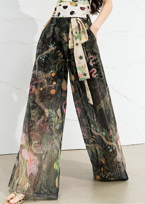 Loose Dark Green Pockets Print Wide Leg Pants Summer