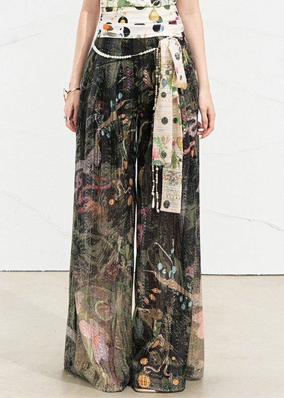 Loose Dark Green Pockets Print Wide Leg Pants Summer