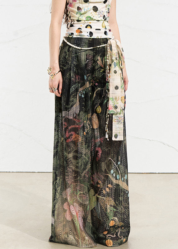 Loose Dark Green Pockets Print Wide Leg Pants Summer
