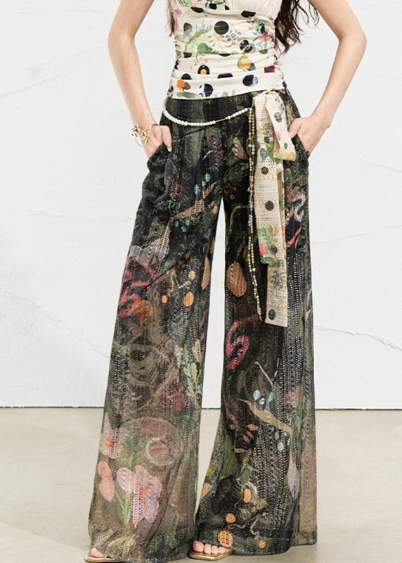 Loose Dark Green Pockets Print Wide Leg Pants Summer