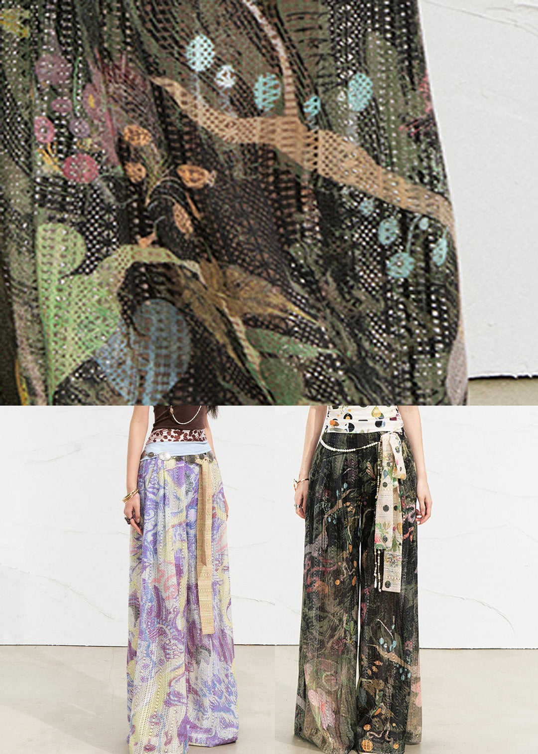 Loose Dark Green Pockets Print Wide Leg Pants Summer