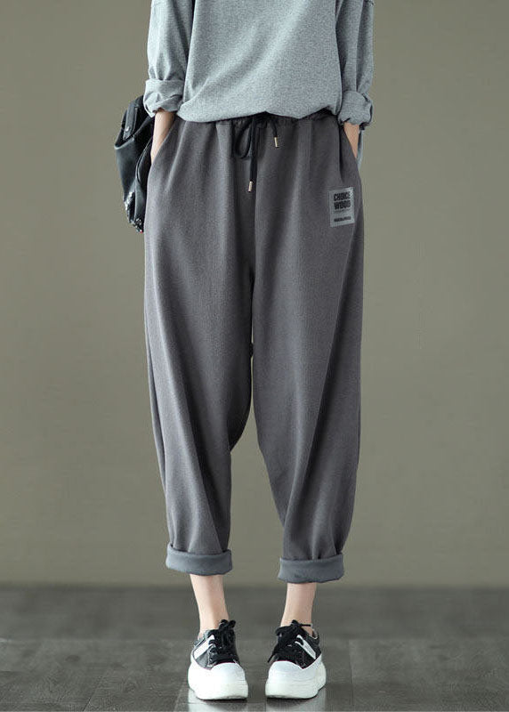 Loose Dark Grey Pockets Elastic Waist Knitted Cotton Harem Pants Fall