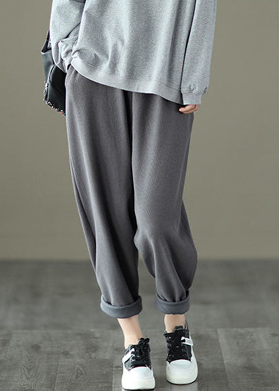 Loose Dark Grey Pockets Elastic Waist Knitted Cotton Harem Pants Fall