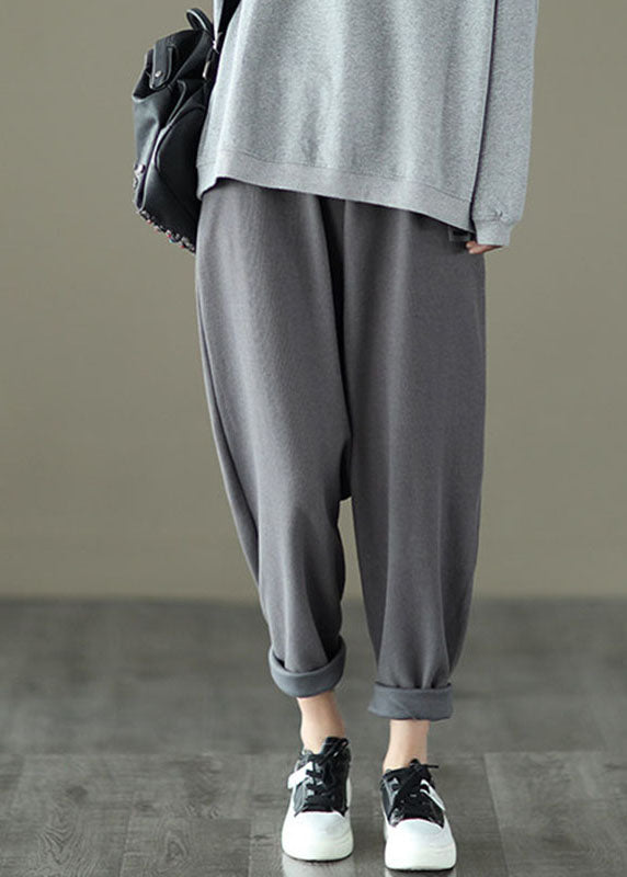 Loose Dark Grey Pockets Elastic Waist Knitted Cotton Harem Pants Fall