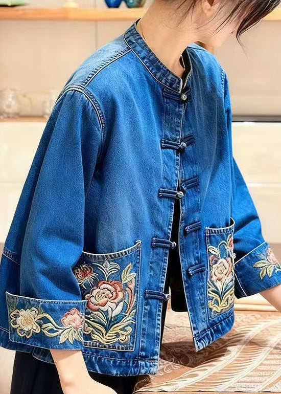 Loose Denim Blue Embroidered Chinese Button Pockets Coat Fall