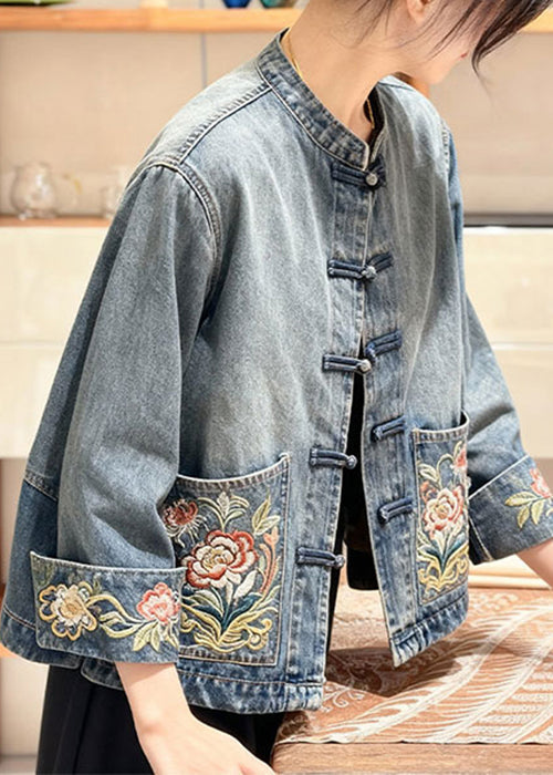 Loose Denim Blue Embroidered Chinese Button Pockets Coat Fall