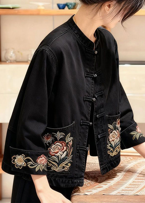 Loose Denim Blue Embroidered Chinese Button Pockets Coat Fall