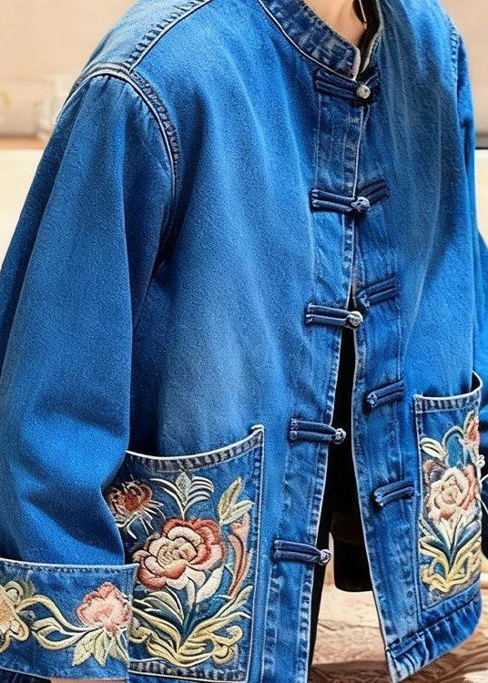 Loose Denim Blue Embroidered Chinese Button Pockets Coat Fall