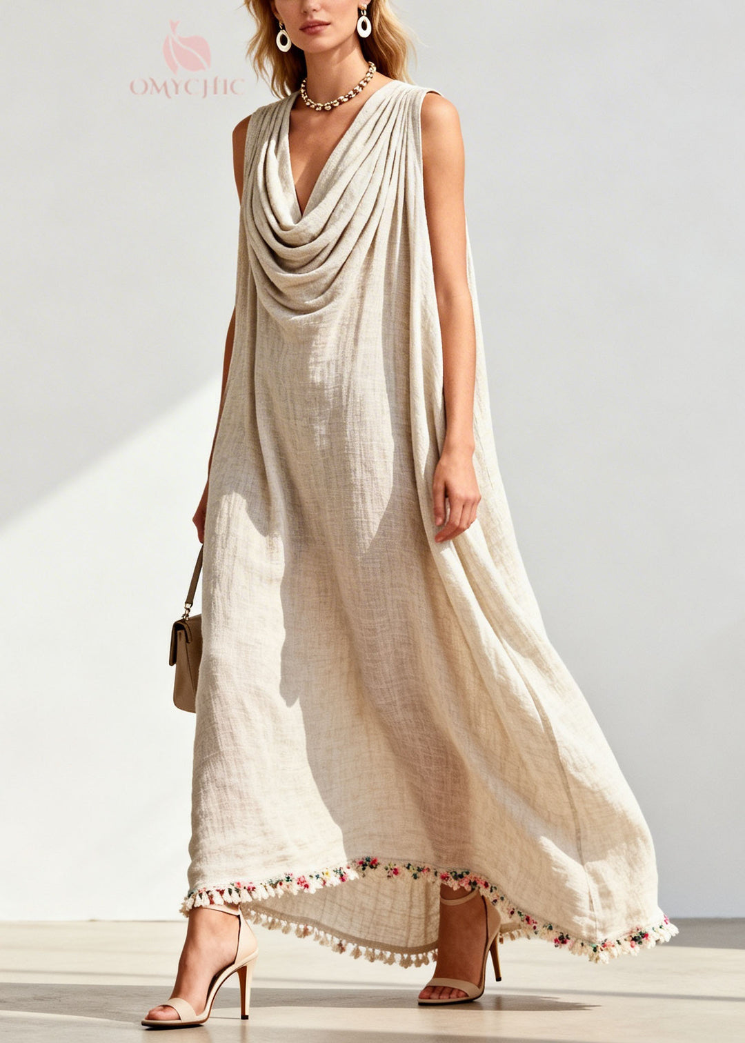 Loose Draped Neckline Floral Patchwork Linen Maxi Dresses Sleeveless
